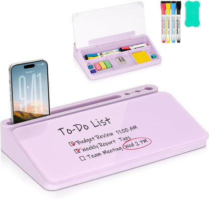Small Desktop Glass Whiteboard with Storage, Desk Dry Erase White Board