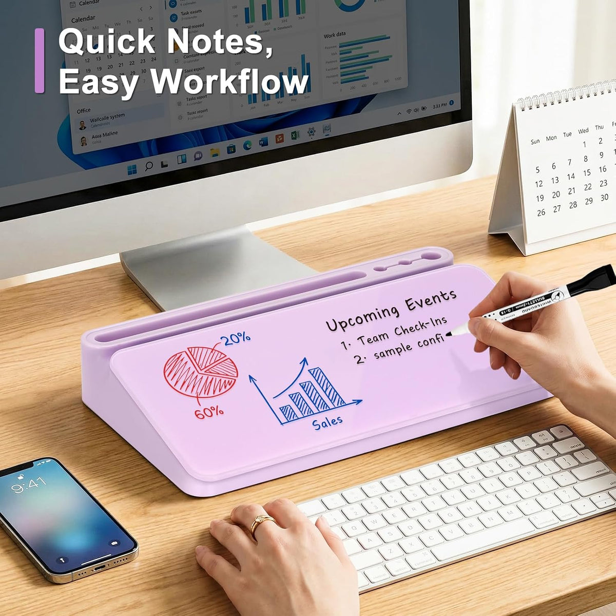 Small Desktop Glass Whiteboard with Storage, Desk Dry Erase White Board