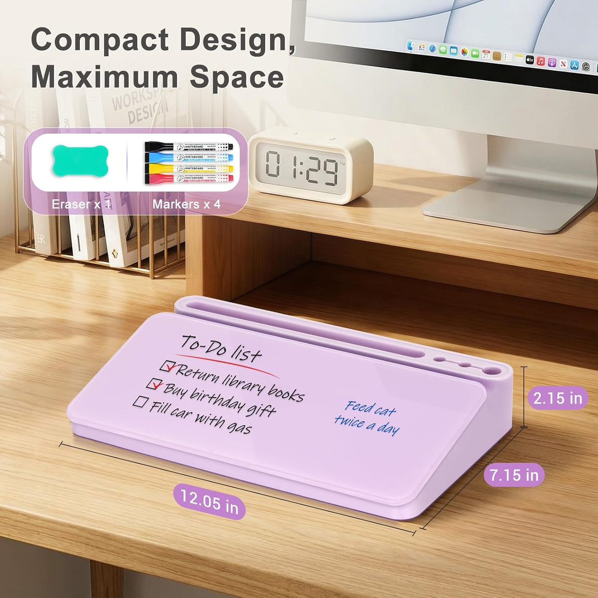 Small Desktop Glass Whiteboard with Storage, Desk Dry Erase White Board