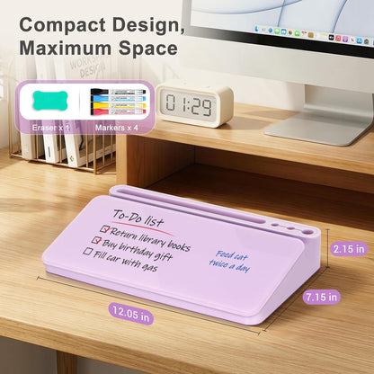 Small Desktop Glass Whiteboard with Storage, Desk Dry Erase White Board