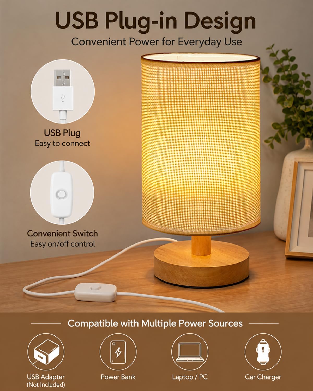Small Table Lamp Set of 2, Bedside Lamp Nightstand Lamp, 3000K Warm Light Desk Lamp, USB Powered LED Reading Lamp, Boho Vintage Small Lamp for Bedroom Living Room Office Dorm Dresser
