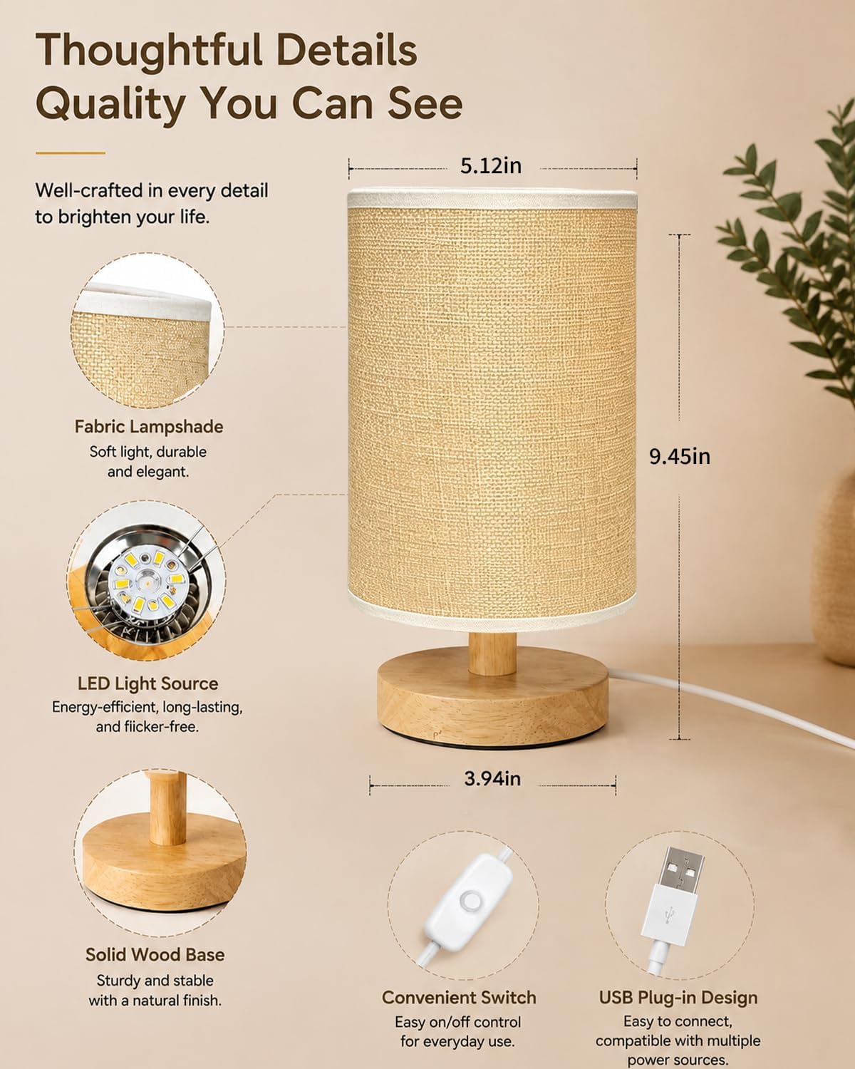 Small Table Lamp Set of 2, Bedside Lamp Nightstand Lamp, 3000K Warm Light Desk Lamp, USB Powered LED Reading Lamp, Boho Vintage Small Lamp for Bedroom Living Room Office Dorm Dresser