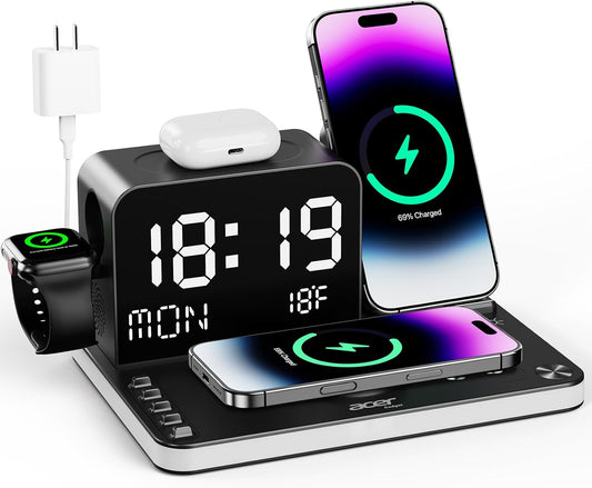 Gadget 7-in-1 Wireless Charging Station Charger Stand for Multiple Devices for Apple - iPhone 17 16 15 14 13 12 Pro Max Apple Watch Airpods, Wireless iPhone Charger Station with Bluetooth TimeSyn