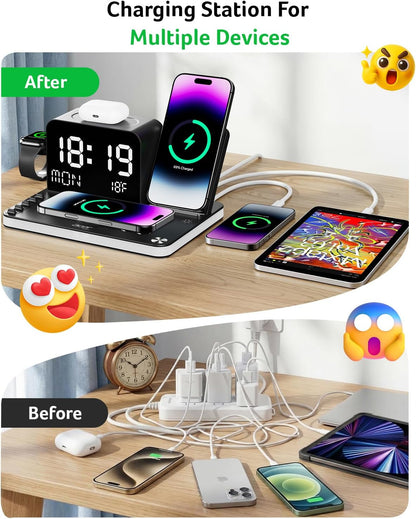 Gadget 7-in-1 Wireless Charging Station Charger Stand for Multiple Devices for Apple - iPhone 17 16 15 14 13 12 Pro Max Apple Watch Airpods, Wireless iPhone Charger Station with Bluetooth TimeSyn
