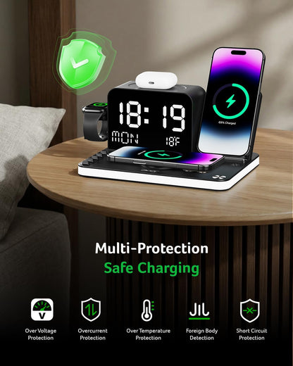 Gadget 7-in-1 Wireless Charging Station Charger Stand for Multiple Devices for Apple - iPhone 17 16 15 14 13 12 Pro Max Apple Watch Airpods, Wireless iPhone Charger Station with Bluetooth TimeSyn