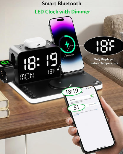 Gadget 7-in-1 Wireless Charging Station Charger Stand for Multiple Devices for Apple - iPhone 17 16 15 14 13 12 Pro Max Apple Watch Airpods, Wireless iPhone Charger Station with Bluetooth TimeSyn