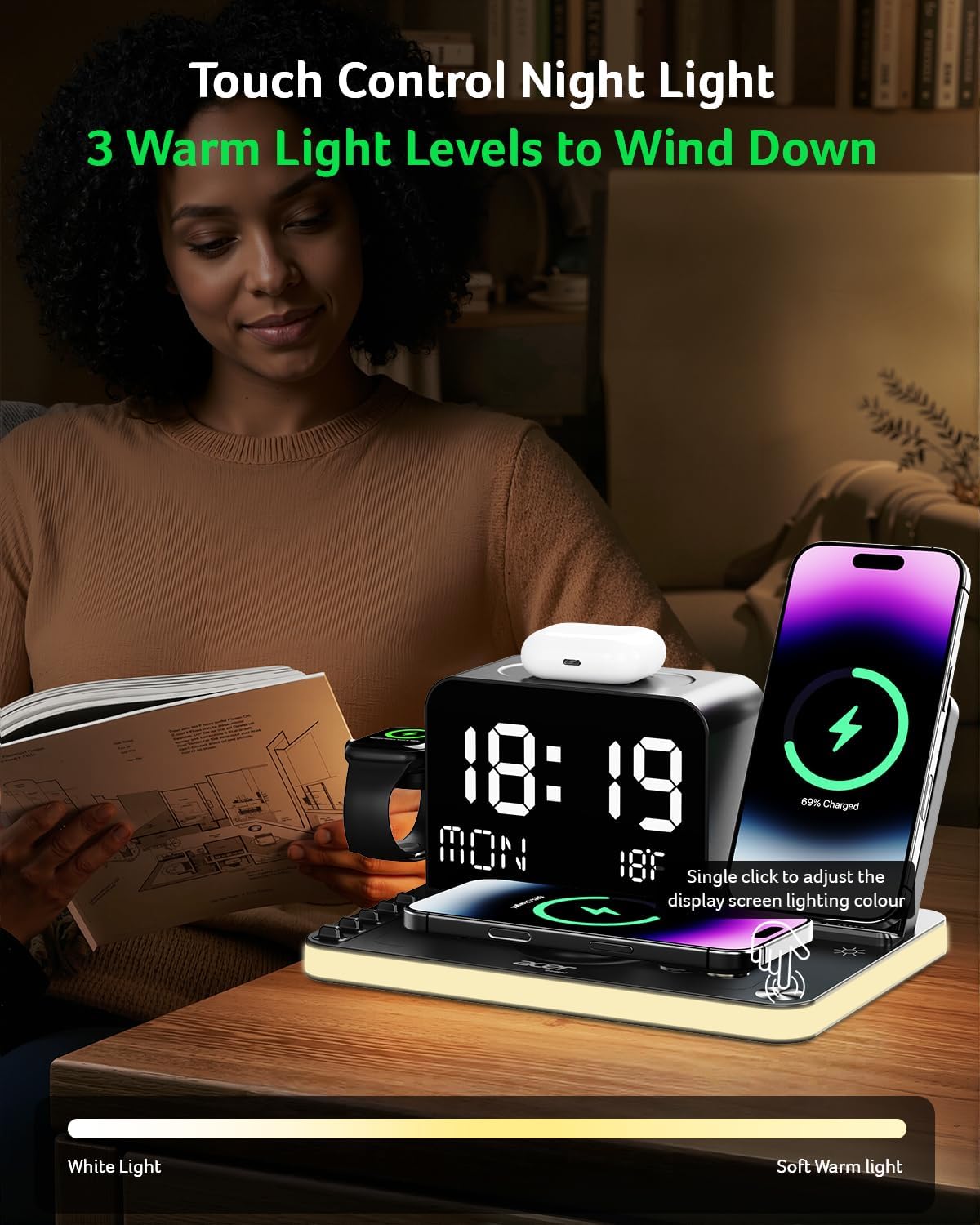 Gadget 7-in-1 Wireless Charging Station Charger Stand for Multiple Devices for Apple - iPhone 17 16 15 14 13 12 Pro Max Apple Watch Airpods, Wireless iPhone Charger Station with Bluetooth TimeSyn