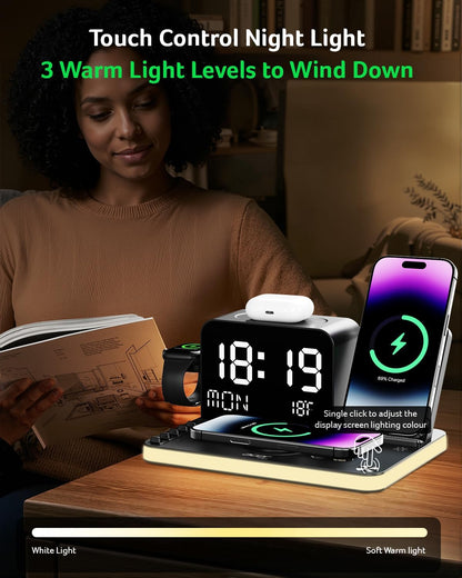 Gadget 7-in-1 Wireless Charging Station Charger Stand for Multiple Devices for Apple - iPhone 17 16 15 14 13 12 Pro Max Apple Watch Airpods, Wireless iPhone Charger Station with Bluetooth TimeSyn