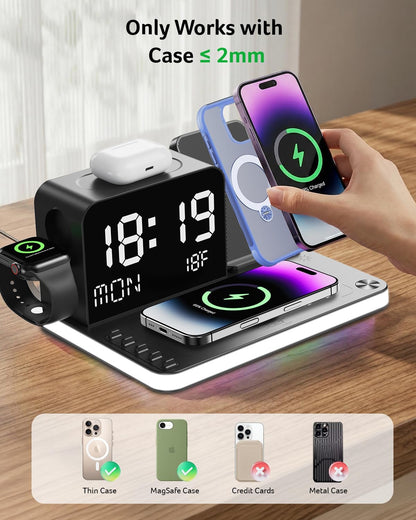 Gadget 7-in-1 Wireless Charging Station Charger Stand for Multiple Devices for Apple - iPhone 17 16 15 14 13 12 Pro Max Apple Watch Airpods, Wireless iPhone Charger Station with Bluetooth TimeSyn