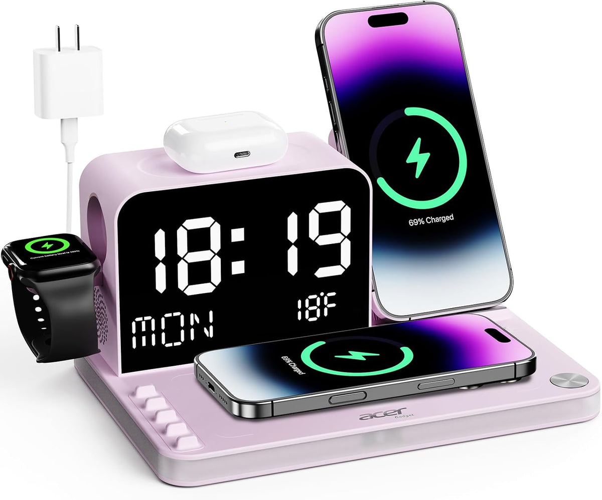 Gadget 7-in-1 Wireless Charging Station Charger Stand for Multiple Devices for Apple - iPhone 17 16 15 14 13 12 Pro Max Apple Watch Airpods, Wireless iPhone Charger Station with Bluetooth TimeSyn