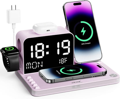 Gadget 7-in-1 Wireless Charging Station Charger Stand for Multiple Devices for Apple - iPhone 17 16 15 14 13 12 Pro Max Apple Watch Airpods, Wireless iPhone Charger Station with Bluetooth TimeSyn