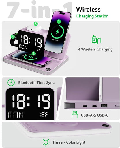 Gadget 7-in-1 Wireless Charging Station Charger Stand for Multiple Devices for Apple - iPhone 17 16 15 14 13 12 Pro Max Apple Watch Airpods, Wireless iPhone Charger Station with Bluetooth TimeSyn