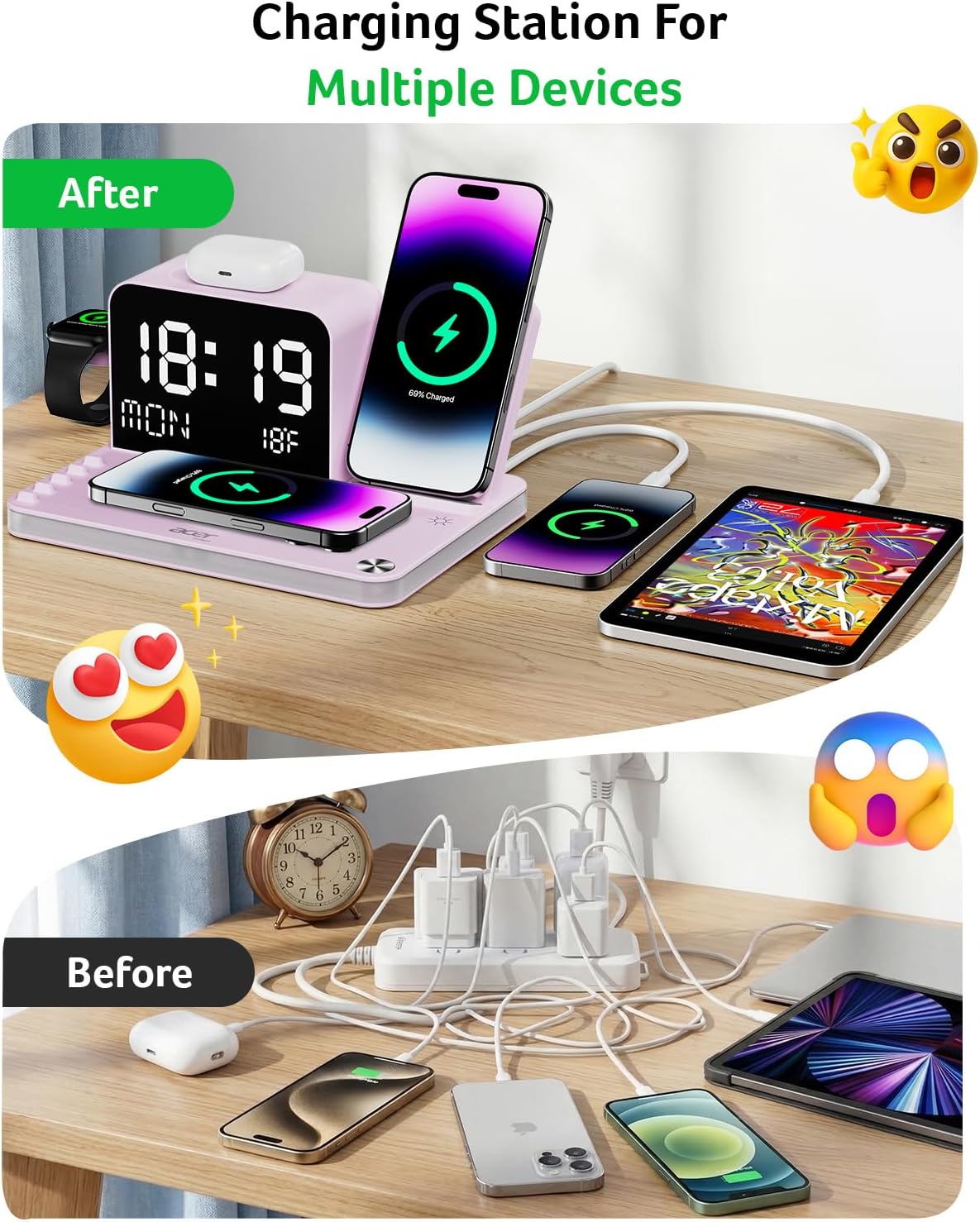 Gadget 7-in-1 Wireless Charging Station Charger Stand for Multiple Devices for Apple - iPhone 17 16 15 14 13 12 Pro Max Apple Watch Airpods, Wireless iPhone Charger Station with Bluetooth TimeSyn