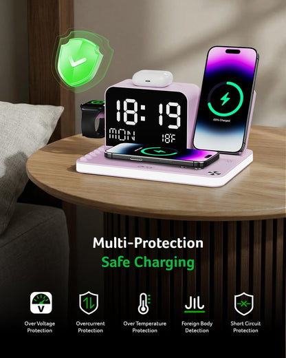 Gadget 7-in-1 Wireless Charging Station Charger Stand for Multiple Devices for Apple - iPhone 17 16 15 14 13 12 Pro Max Apple Watch Airpods, Wireless iPhone Charger Station with Bluetooth TimeSyn