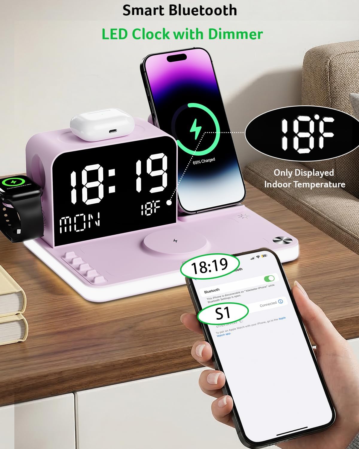 Gadget 7-in-1 Wireless Charging Station Charger Stand for Multiple Devices for Apple - iPhone 17 16 15 14 13 12 Pro Max Apple Watch Airpods, Wireless iPhone Charger Station with Bluetooth TimeSyn