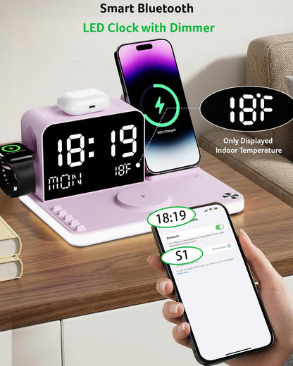Gadget 7-in-1 Wireless Charging Station Charger Stand for Multiple Devices for Apple - iPhone 17 16 15 14 13 12 Pro Max Apple Watch Airpods, Wireless iPhone Charger Station with Bluetooth TimeSyn