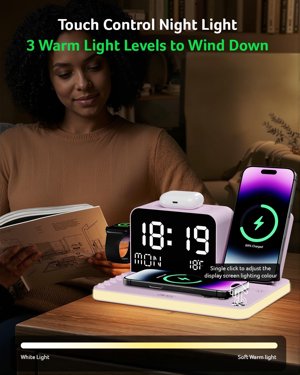 Gadget 7-in-1 Wireless Charging Station Charger Stand for Multiple Devices for Apple - iPhone 17 16 15 14 13 12 Pro Max Apple Watch Airpods, Wireless iPhone Charger Station with Bluetooth TimeSyn