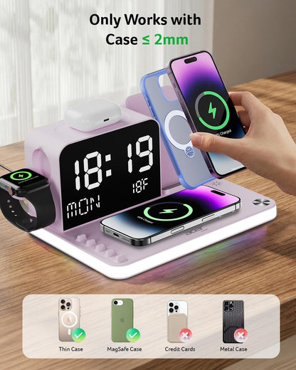 Gadget 7-in-1 Wireless Charging Station Charger Stand for Multiple Devices for Apple - iPhone 17 16 15 14 13 12 Pro Max Apple Watch Airpods, Wireless iPhone Charger Station with Bluetooth TimeSyn
