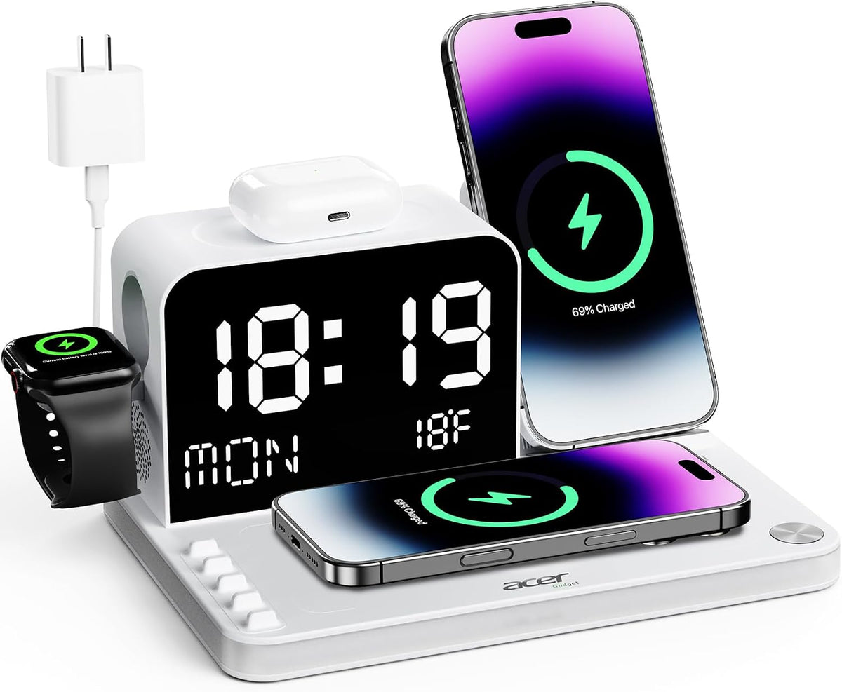 Gadget 7-in-1 Wireless Charging Station Charger Stand for Multiple Devices for Apple - iPhone 17 16 15 14 13 12 Pro Max Apple Watch Airpods, Wireless iPhone Charger Station with Bluetooth TimeSyn