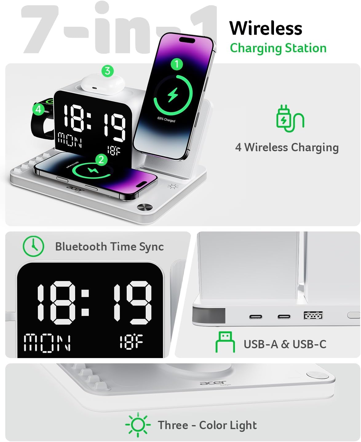 Gadget 7-in-1 Wireless Charging Station Charger Stand for Multiple Devices for Apple - iPhone 17 16 15 14 13 12 Pro Max Apple Watch Airpods, Wireless iPhone Charger Station with Bluetooth TimeSyn
