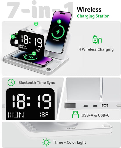 Gadget 7-in-1 Wireless Charging Station Charger Stand for Multiple Devices for Apple - iPhone 17 16 15 14 13 12 Pro Max Apple Watch Airpods, Wireless iPhone Charger Station with Bluetooth TimeSyn