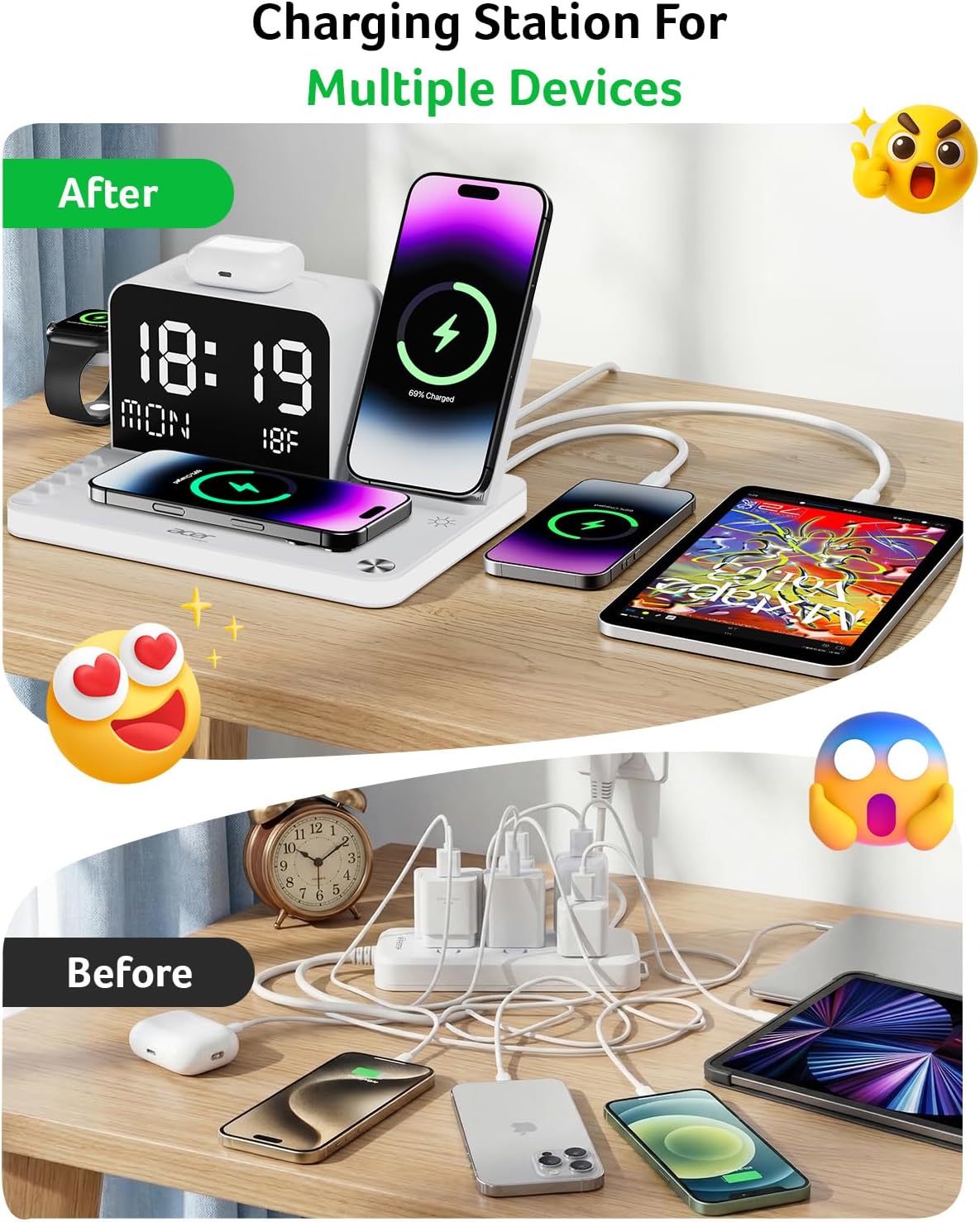 Gadget 7-in-1 Wireless Charging Station Charger Stand for Multiple Devices for Apple - iPhone 17 16 15 14 13 12 Pro Max Apple Watch Airpods, Wireless iPhone Charger Station with Bluetooth TimeSyn