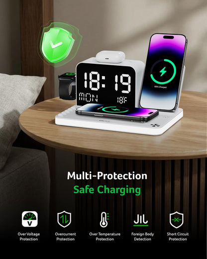 Gadget 7-in-1 Wireless Charging Station Charger Stand for Multiple Devices for Apple - iPhone 17 16 15 14 13 12 Pro Max Apple Watch Airpods, Wireless iPhone Charger Station with Bluetooth TimeSyn