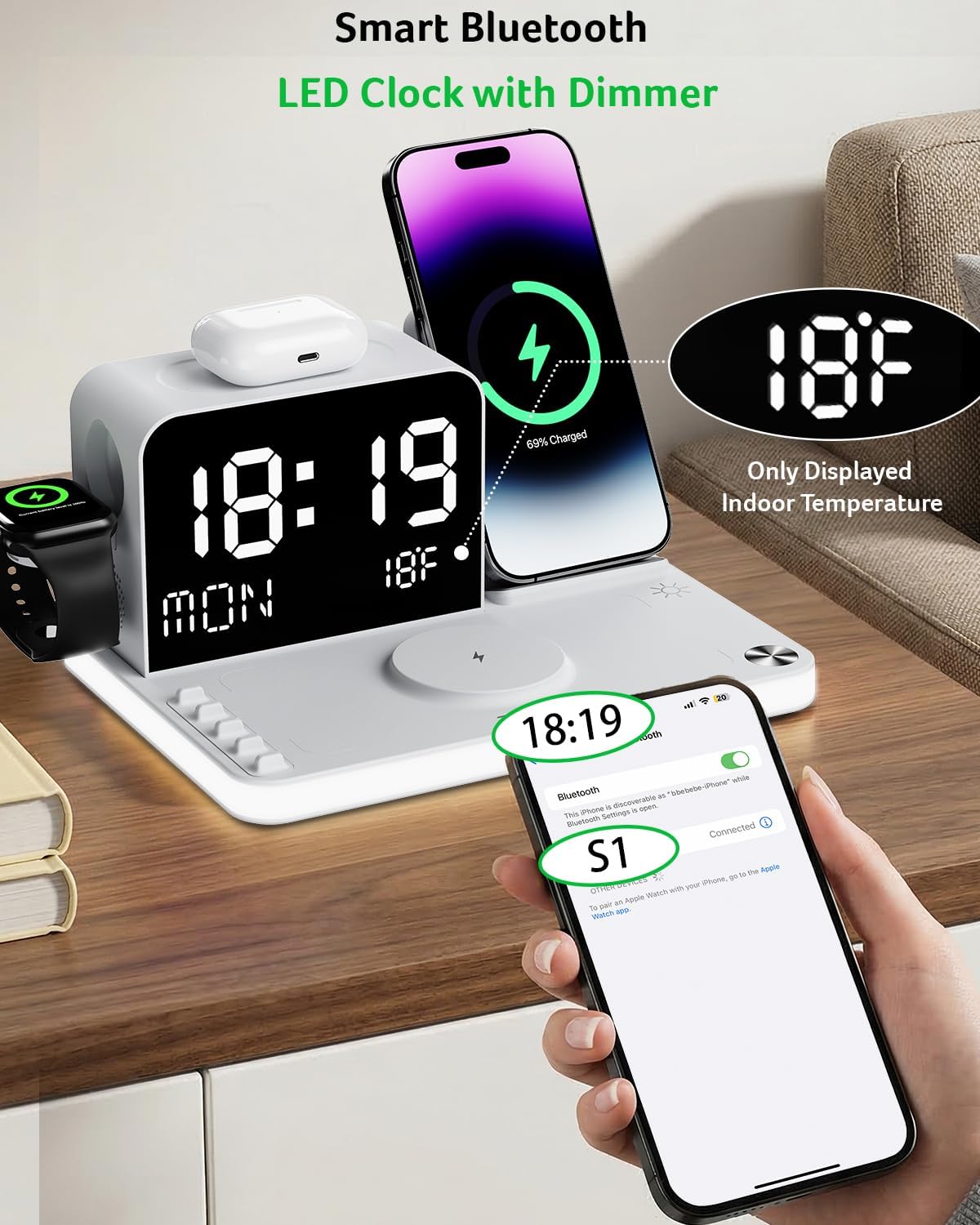 Gadget 7-in-1 Wireless Charging Station Charger Stand for Multiple Devices for Apple - iPhone 17 16 15 14 13 12 Pro Max Apple Watch Airpods, Wireless iPhone Charger Station with Bluetooth TimeSyn