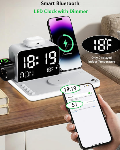 Gadget 7-in-1 Wireless Charging Station Charger Stand for Multiple Devices for Apple - iPhone 17 16 15 14 13 12 Pro Max Apple Watch Airpods, Wireless iPhone Charger Station with Bluetooth TimeSyn