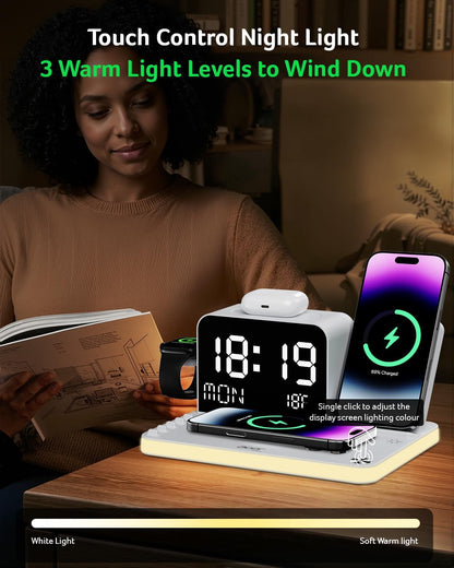 Gadget 7-in-1 Wireless Charging Station Charger Stand for Multiple Devices for Apple - iPhone 17 16 15 14 13 12 Pro Max Apple Watch Airpods, Wireless iPhone Charger Station with Bluetooth TimeSyn