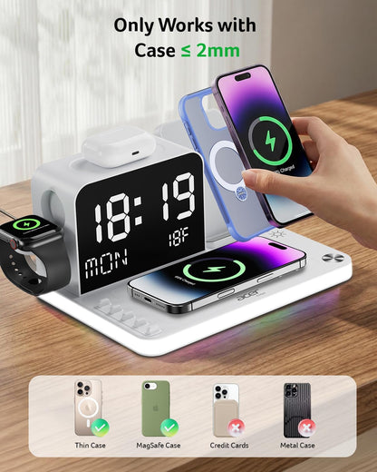 Gadget 7-in-1 Wireless Charging Station Charger Stand for Multiple Devices for Apple - iPhone 17 16 15 14 13 12 Pro Max Apple Watch Airpods, Wireless iPhone Charger Station with Bluetooth TimeSyn