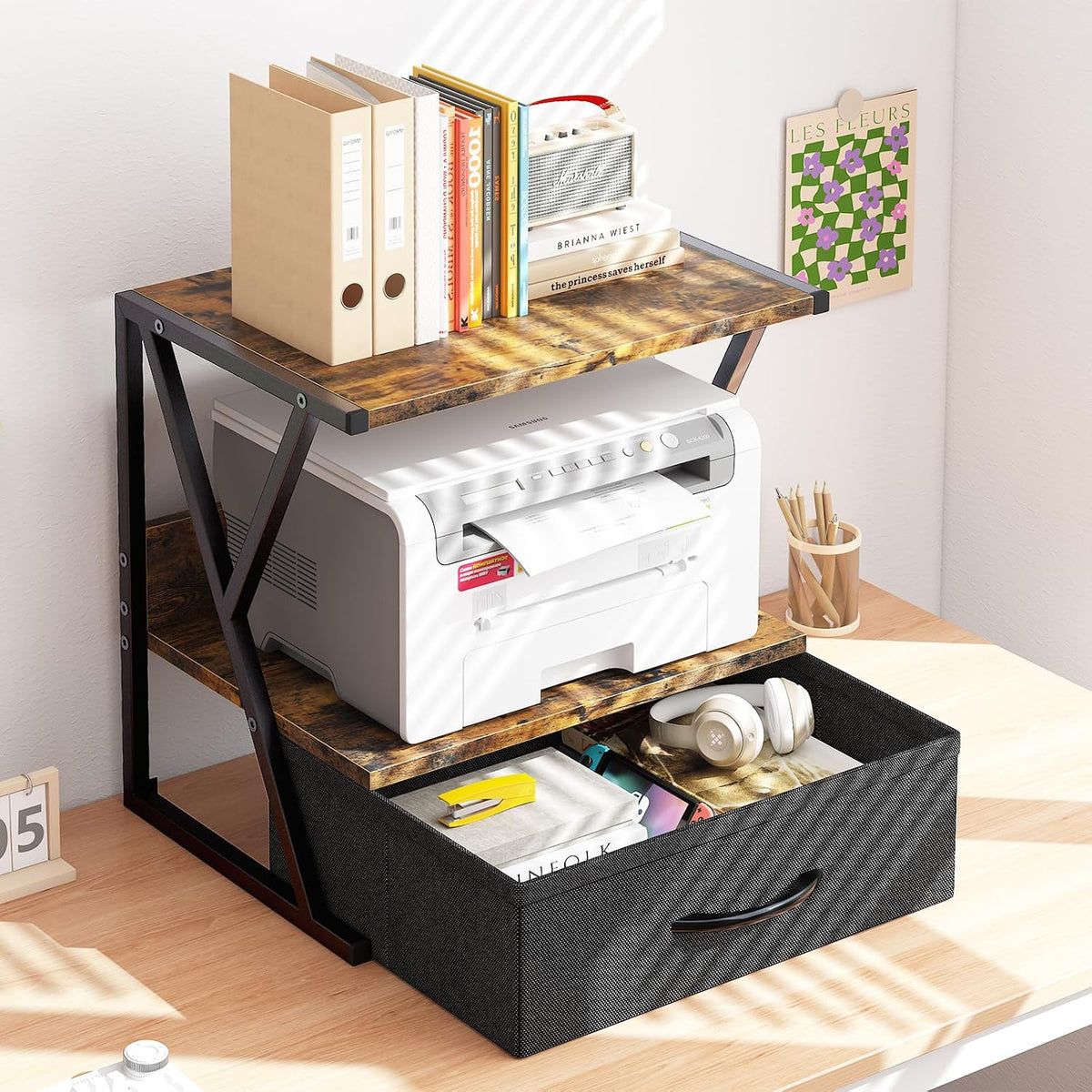 Printer Stand for Desk with Storage Drawer, 2 Tier Desktop Or UnderDesk Shelf, Multi-Purpose Desk Organizer for Home Office, fit Fax Machine/3D Printer/Scanner, Rustic Brown