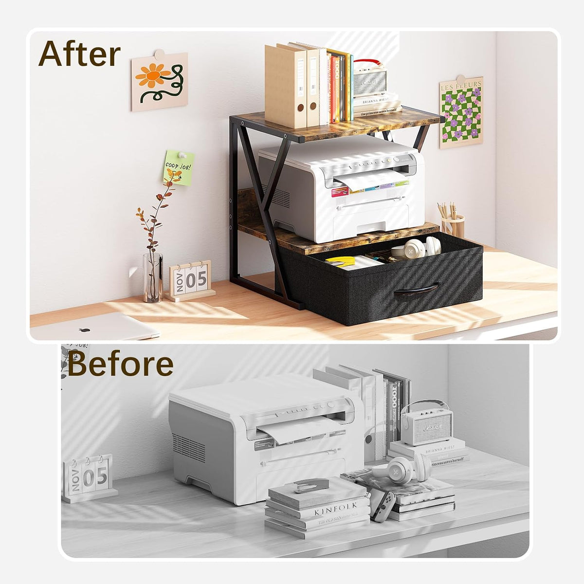 Printer Stand for Desk with Storage Drawer, 2 Tier Desktop Or UnderDesk Shelf, Multi-Purpose Desk Organizer for Home Office, fit Fax Machine/3D Printer/Scanner, Rustic Brown