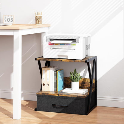 Printer Stand for Desk with Storage Drawer, 2 Tier Desktop Or UnderDesk Shelf, Multi-Purpose Desk Organizer for Home Office, fit Fax Machine/3D Printer/Scanner, Rustic Brown