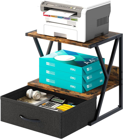 Printer Stand for Desk with Storage Drawer, 2 Tier Desktop Or UnderDesk Shelf, Multi-Purpose Desk Organizer for Home Office, fit Fax Machine/3D Printer/Scanner, Rustic Brown