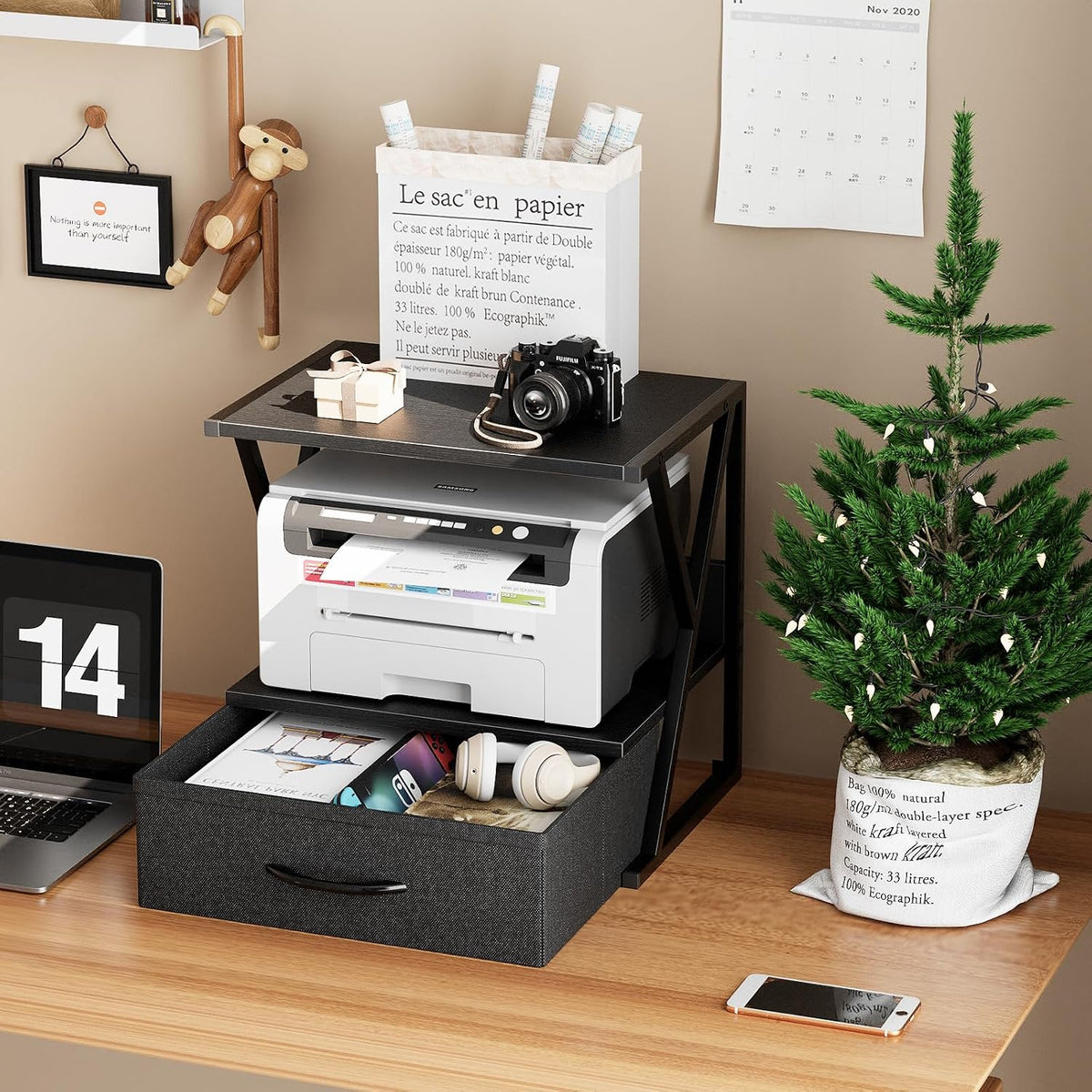 Printer Stand for Desk with Storage Drawer, 2 Tier Desktop Or UnderDesk Shelf, Multi-Purpose Desk Organizer for Home Office, fit Fax Machine/3D Printer/Scanner, Rustic Brown