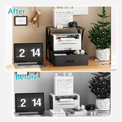 Printer Stand for Desk with Storage Drawer, 2 Tier Desktop Or UnderDesk Shelf, Multi-Purpose Desk Organizer for Home Office, fit Fax Machine/3D Printer/Scanner, Rustic Brown
