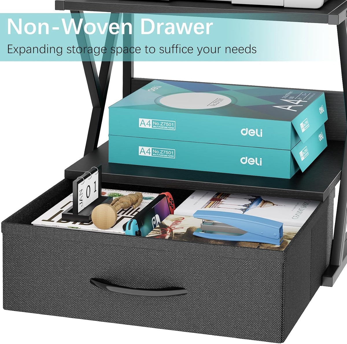 Printer Stand for Desk with Storage Drawer, 2 Tier Desktop Or UnderDesk Shelf, Multi-Purpose Desk Organizer for Home Office, fit Fax Machine/3D Printer/Scanner, Rustic Brown