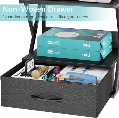 Printer Stand for Desk with Storage Drawer, 2 Tier Desktop Or UnderDesk Shelf, Multi-Purpose Desk Organizer for Home Office, fit Fax Machine/3D Printer/Scanner, Rustic Brown