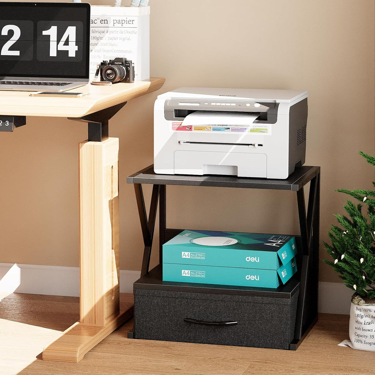 Printer Stand for Desk with Storage Drawer, 2 Tier Desktop Or UnderDesk Shelf, Multi-Purpose Desk Organizer for Home Office, fit Fax Machine/3D Printer/Scanner, Rustic Brown