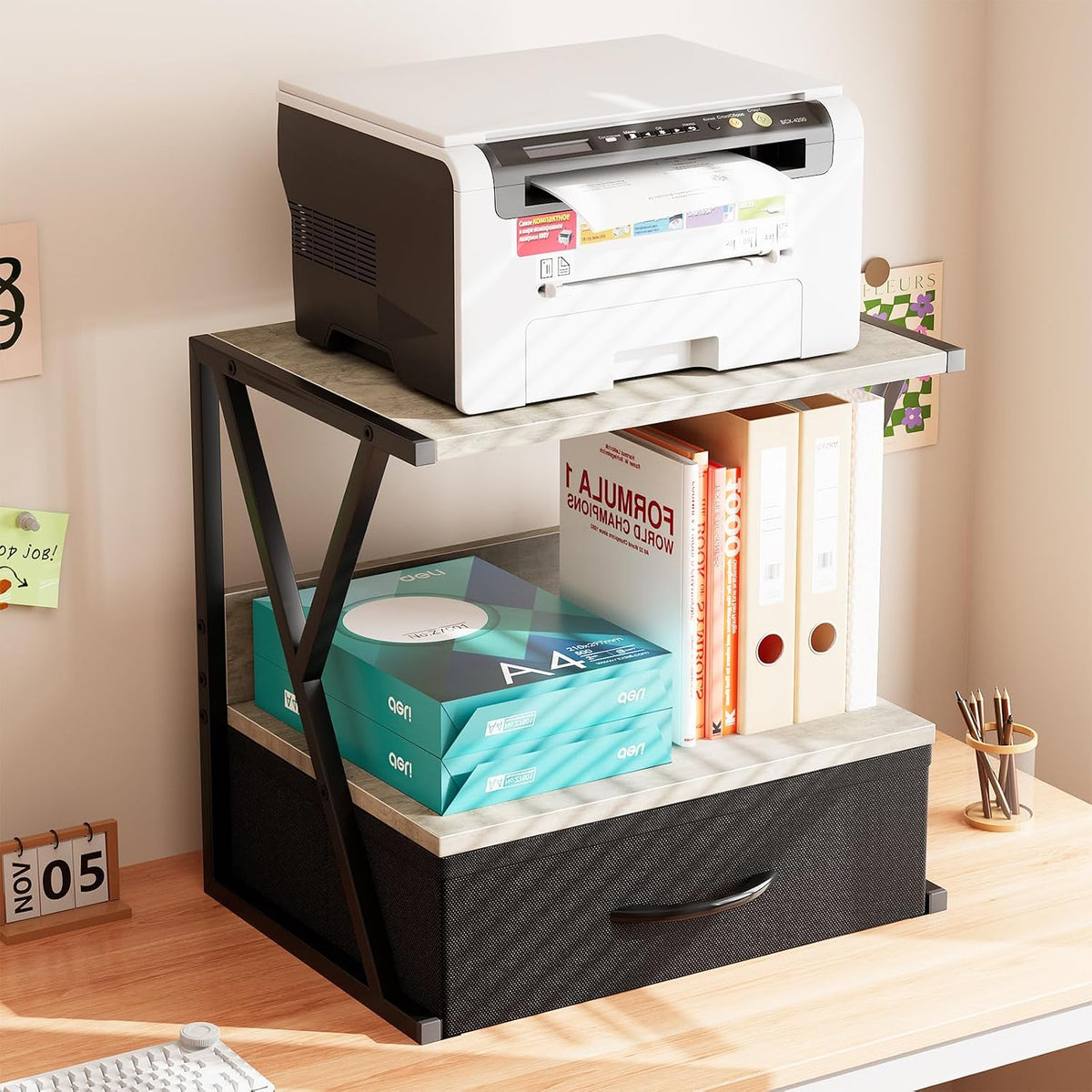 Printer Stand for Desk with Storage Drawer, 2 Tier Desktop Or UnderDesk Shelf, Multi-Purpose Desk Organizer for Home Office, fit Fax Machine/3D Printer/Scanner, Rustic Brown