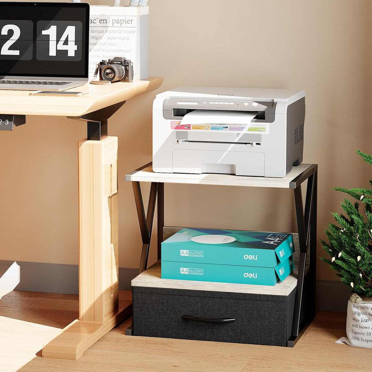 Printer Stand for Desk with Storage Drawer, 2 Tier Desktop Or UnderDesk Shelf, Multi-Purpose Desk Organizer for Home Office, fit Fax Machine/3D Printer/Scanner, Rustic Brown