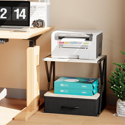 Printer Stand for Desk with Storage Drawer, 2 Tier Desktop Or UnderDesk Shelf, Multi-Purpose Desk Organizer for Home Office, fit Fax Machine/3D Printer/Scanner, Rustic Brown