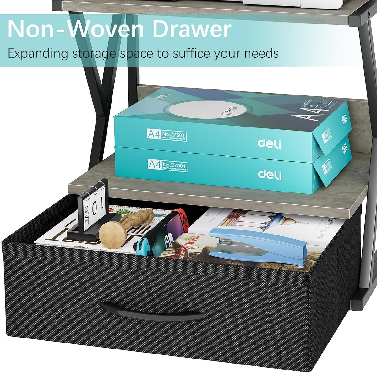 Printer Stand for Desk with Storage Drawer, 2 Tier Desktop Or UnderDesk Shelf, Multi-Purpose Desk Organizer for Home Office, fit Fax Machine/3D Printer/Scanner, Rustic Brown