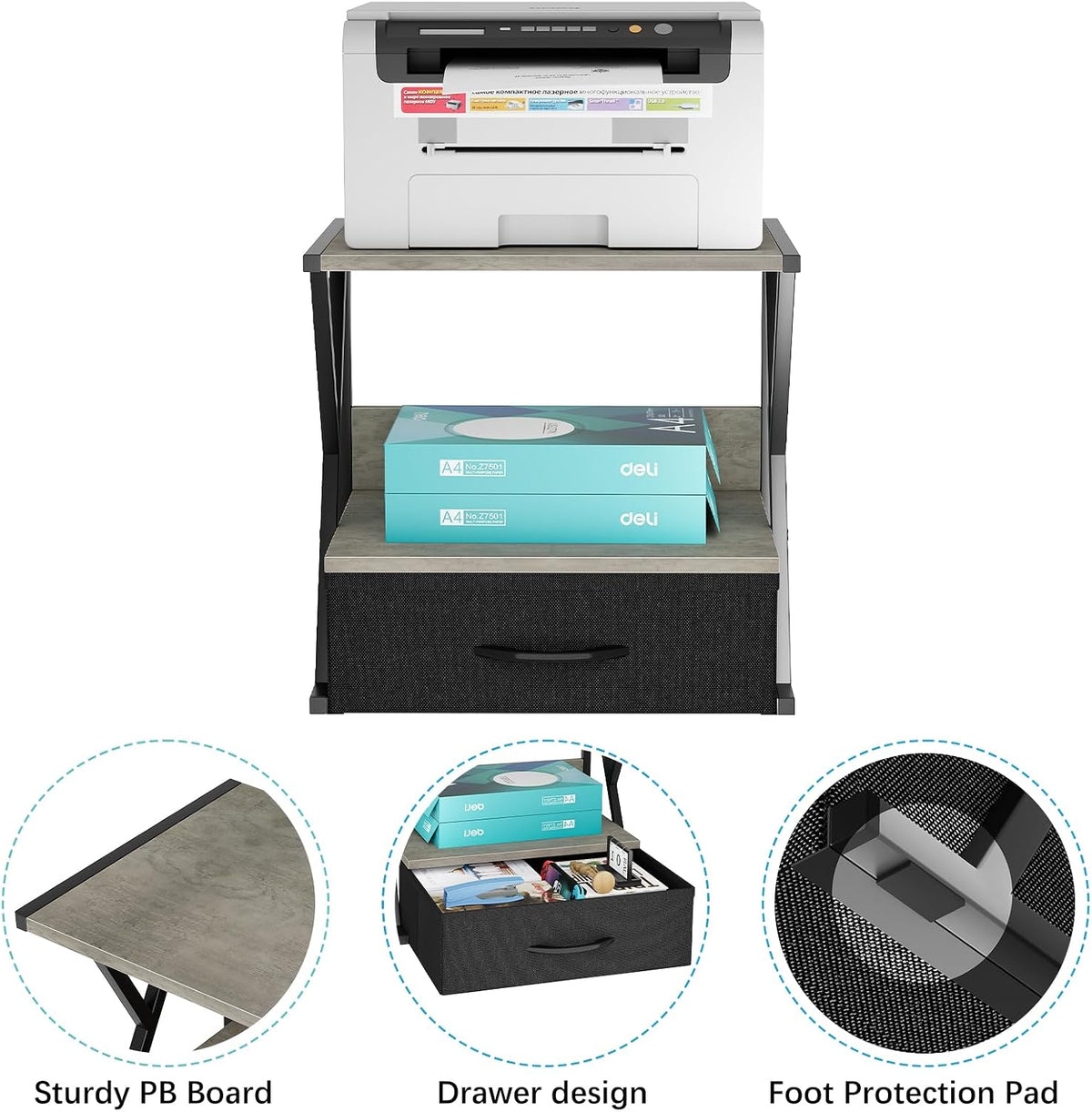 Printer Stand for Desk with Storage Drawer, 2 Tier Desktop Or UnderDesk Shelf, Multi-Purpose Desk Organizer for Home Office, fit Fax Machine/3D Printer/Scanner, Rustic Brown