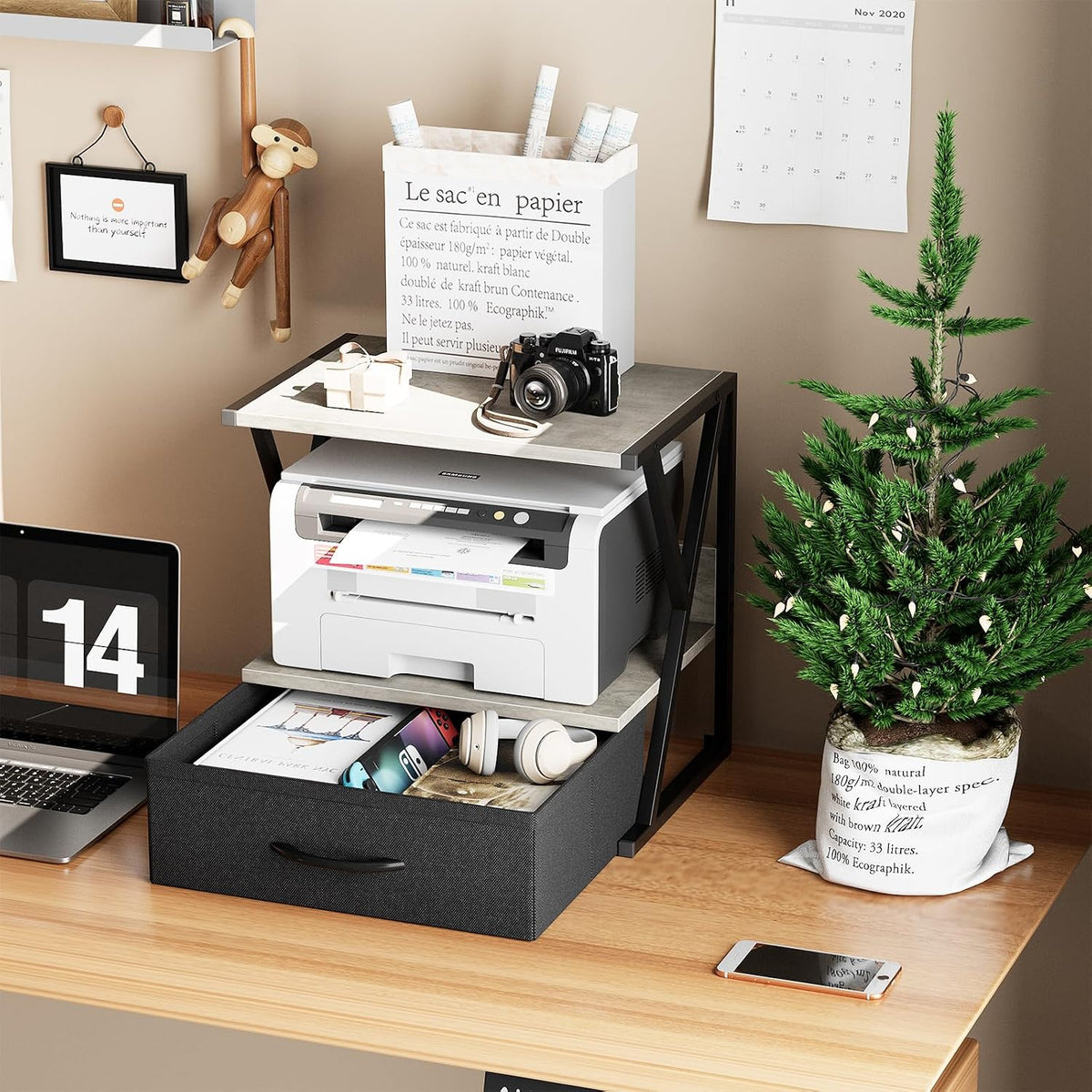 Printer Stand for Desk with Storage Drawer, 2 Tier Desktop Or UnderDesk Shelf, Multi-Purpose Desk Organizer for Home Office, fit Fax Machine/3D Printer/Scanner, Rustic Brown