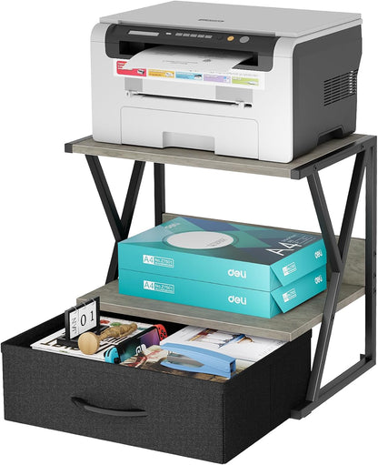 Printer Stand for Desk with Storage Drawer, 2 Tier Desktop Or UnderDesk Shelf, Multi-Purpose Desk Organizer for Home Office, fit Fax Machine/3D Printer/Scanner, Rustic Brown
