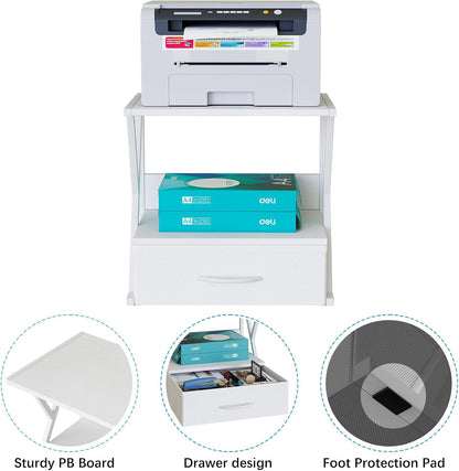 Printer Stand for Desk with Storage Drawer, 2 Tier Desktop Or UnderDesk Shelf, Multi-Purpose Desk Organizer for Home Office, fit Fax Machine/3D Printer/Scanner, Rustic Brown
