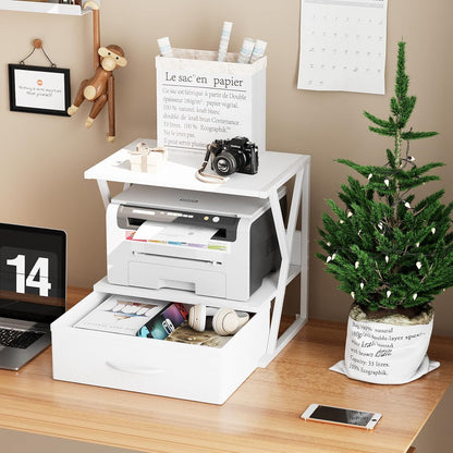Printer Stand for Desk with Storage Drawer, 2 Tier Desktop Or UnderDesk Shelf, Multi-Purpose Desk Organizer for Home Office, fit Fax Machine/3D Printer/Scanner, Rustic Brown