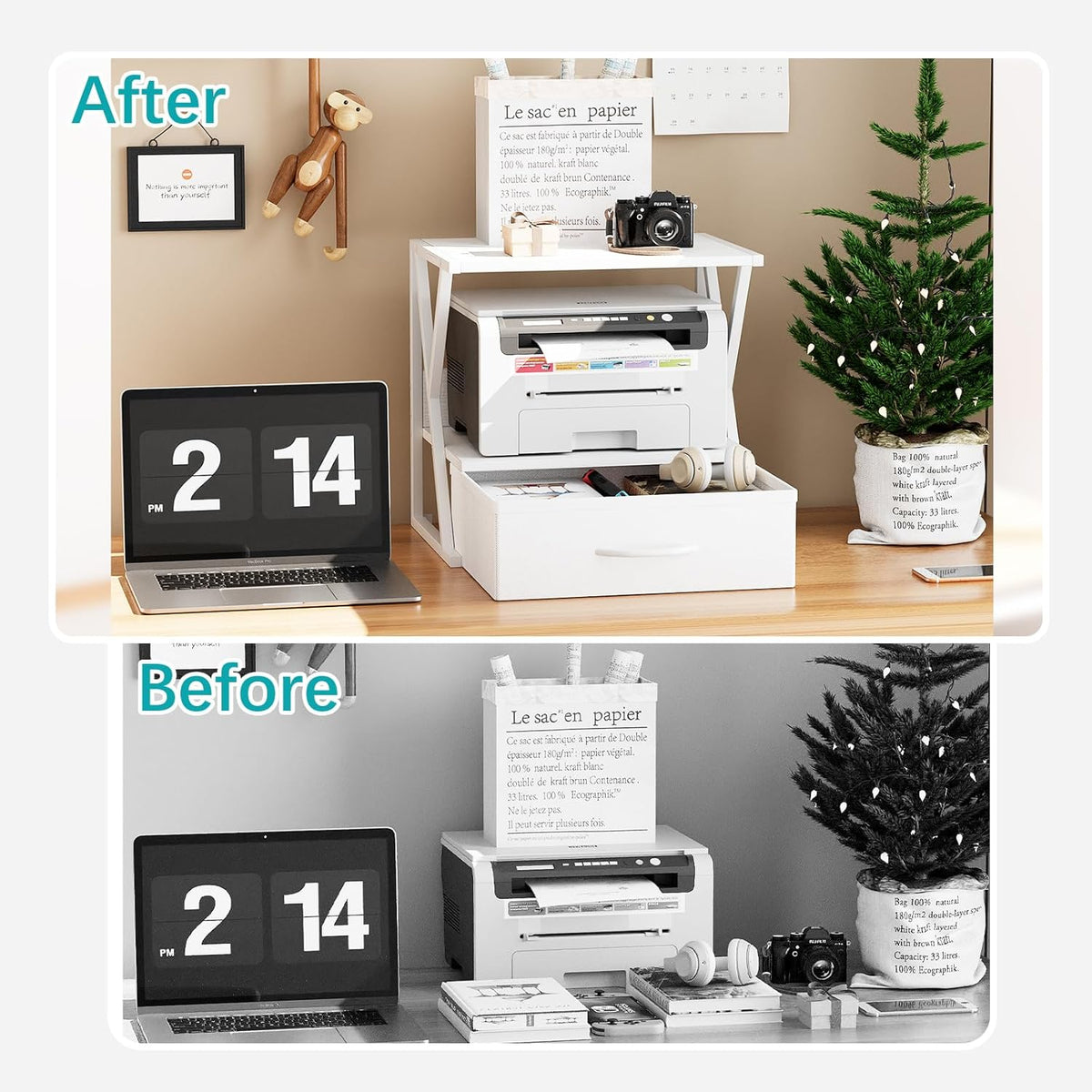 Printer Stand for Desk with Storage Drawer, 2 Tier Desktop Or UnderDesk Shelf, Multi-Purpose Desk Organizer for Home Office, fit Fax Machine/3D Printer/Scanner, Rustic Brown